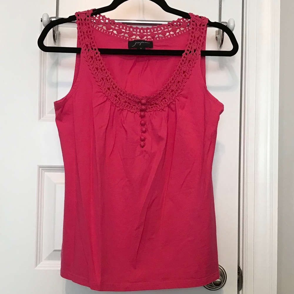Josephine 💯% cotton hot pink tank top with crocheted neckline & buttons (S)